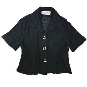 Vintage 90's Jessica Howard Black Open Knit Cropped Wooden Button Up Top Medium